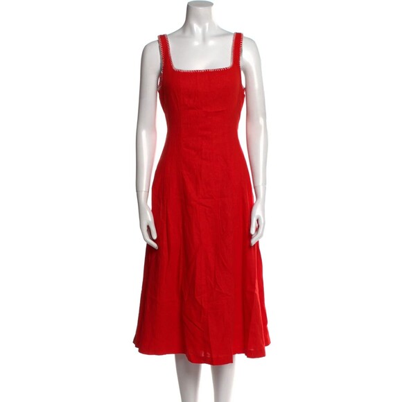 Caroline Constas womens Linen Blend Fit & Flare Midi Dress size 8 Red Whipstitch - Picture 3 of 8